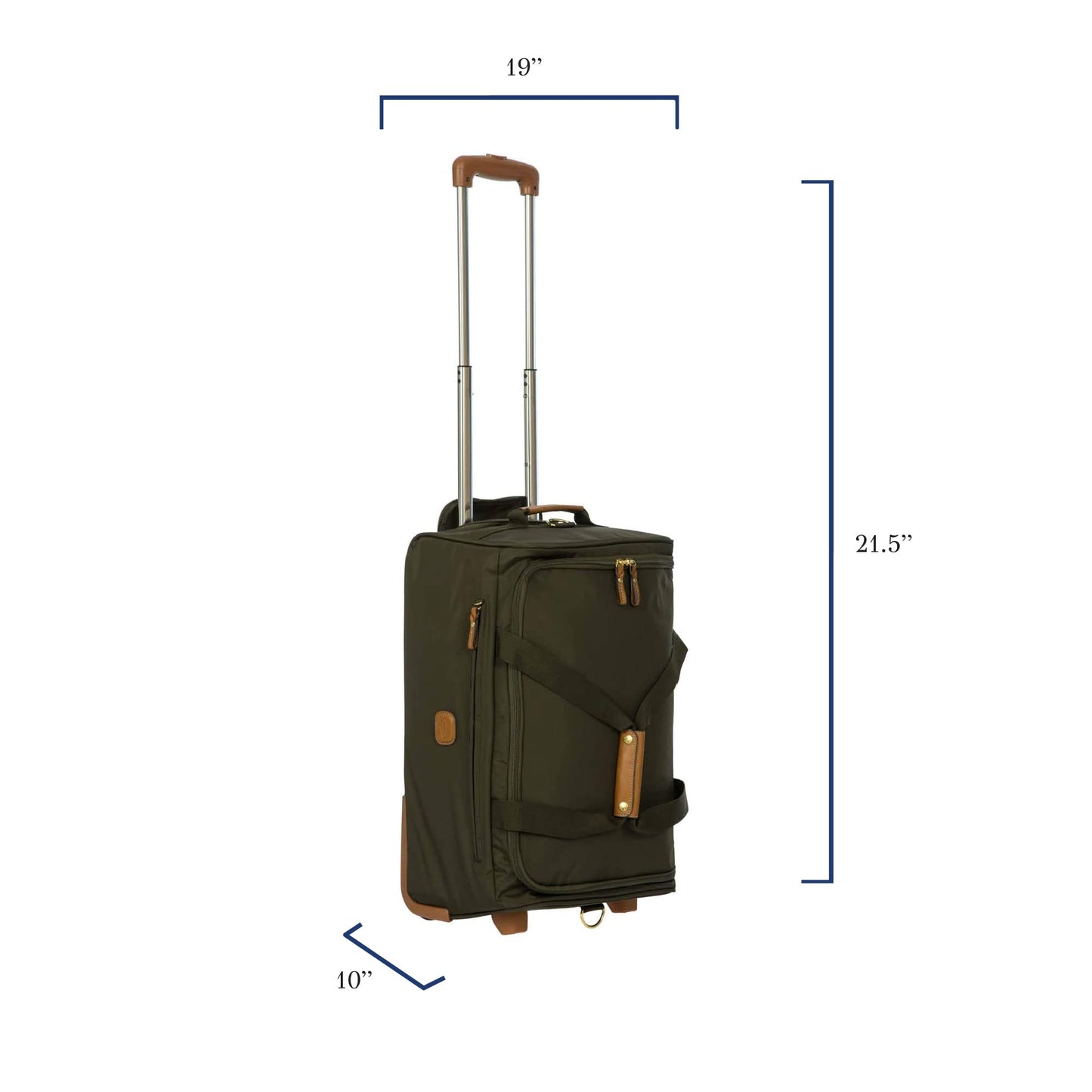 Bric’s X-Bag 21” Rolling Duffel – Water-Resistant Recycled Nylon Carry-On with Silent Wheels, Leather Details, Exterior Zipped Pocket, Garment Straps & Detachable Shoulder Strap – Olive