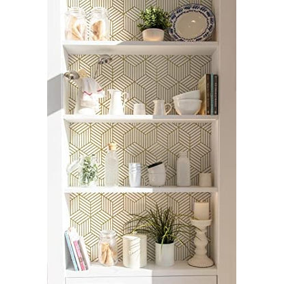Geometric Wallpaper Peel and Stick Wallpaper Removable Self Adhesive Wall paper White/Gold Striped Hexagon Contact Paper for Cabinets Shelf Drawer Liner Renter Friendly Vinyl Roll 17.7"x118.1" Upgrade
