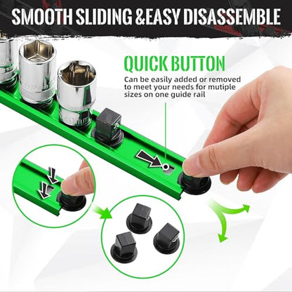 Magnetic Socket Organizer, 3-Piece Heavty Duty Aluminum Socket Holder, Socket Rail for Tool Box, Premium Quality 360¡Æ Swivel Socket Rack with 42 Clips for 3/8-Inch(Green)