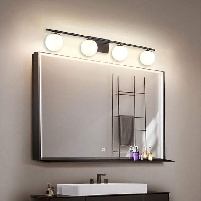 New Bathroom Vanity Light Fixtures Matte Black Milk White Globe Glass Shade 4 Lights Modern Wall Bar Sconce Over Mirror(4 lights-35.43inch)