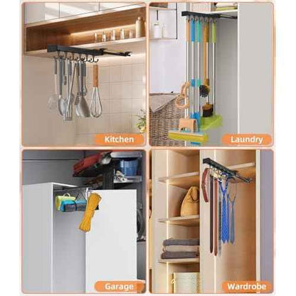 Pull Out Broom Holder With Adjustable Double Row Sliding Hook, Multifunctional Slide Broom And Mop Storage/Organizer Garage Organization Hooks, for Closet Laundry Garage Cupboard Kitchen
