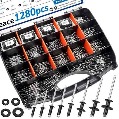 smseace 1280Pcs Stainless Steel Black Rivets with Pop Rivets with Washer 1/8Inch 5/32Inch 3/16Inch for Metal,Furniture,Automotive,Instrument