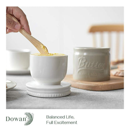 DOWAN Butter Dish, French Butter Crock With Lid for Spreadable Soft Butter, Porcelain Butter Keeper With Waterline for Counter, Embossed Butter Container Home Gift Kitchen Decor, Beige
