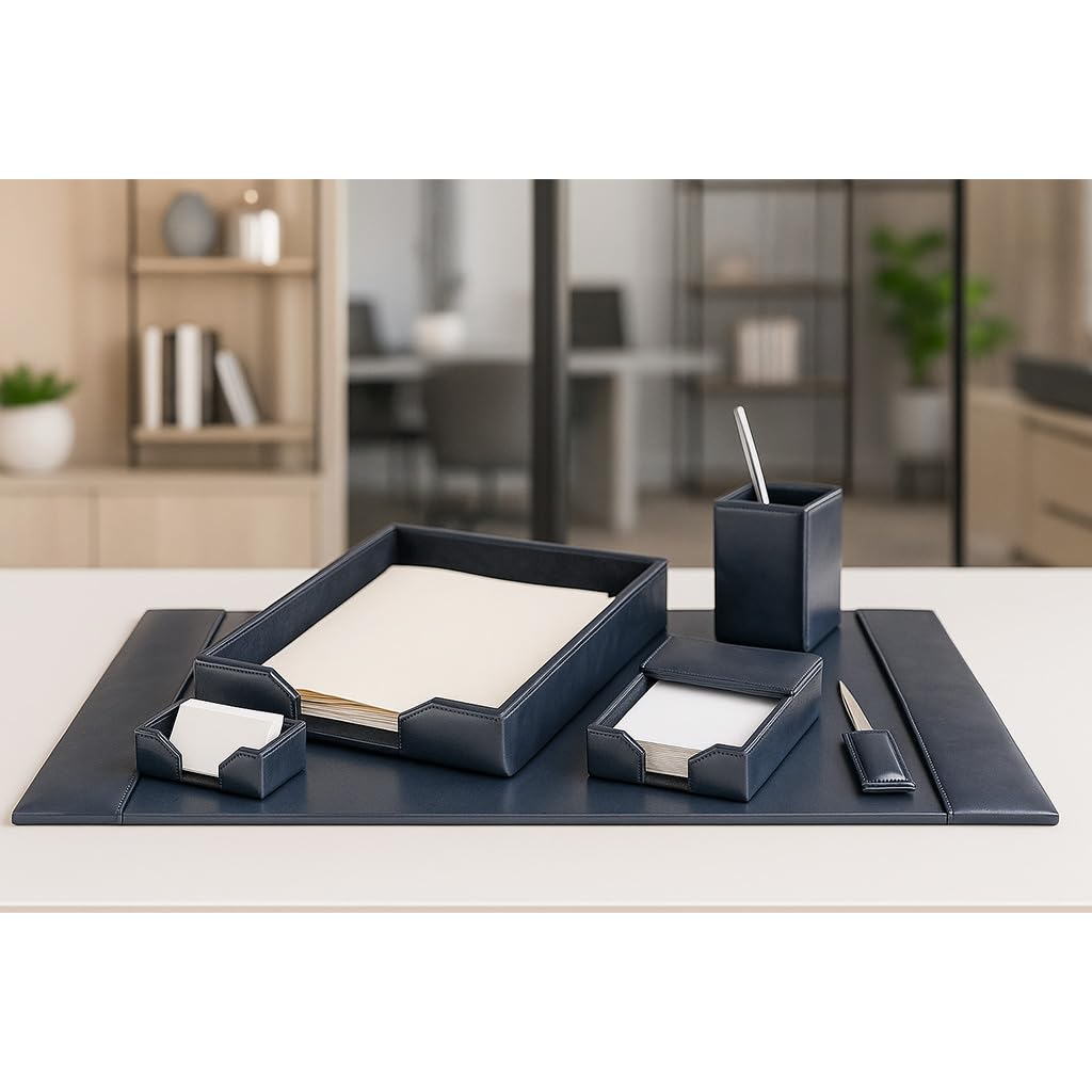 DACASSO Bonded Leather Desk Set - Luxury Leather Desk Pad & Desk Organization Essentials (Navy Blue, 6 Piece)