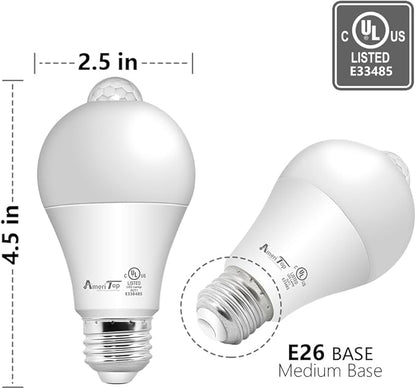 AmeriTop Motion Sensor Light Bulb- 4 Pack, 10W(60W Equivalent) 806lm Motion Activated Dusk to Dawn Security LED Bulb; UL Listed, A19, E26, Auto On/Off Indoor Outdoor Lighting (2700K Soft White)