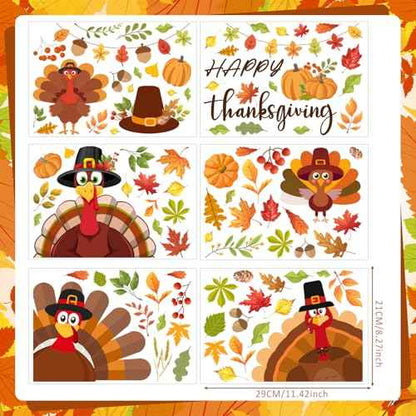ReliThick 6 Sheets Thanksgiving Wall Decals Turkey Pumpkin Maple Leaves Stickers Thanksgiving Peel and Stick Fall Decor for Home Bedroom Bathroom Wall Door Window Decor