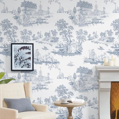 Hopepak Vintage Peel and Stick Wallpaper Blue Toile Wall Paper Self Adhesive Removable French Contact Paper Waterproof Wallpapers for Bedroom Bathroom Living Room 17.3''x118''