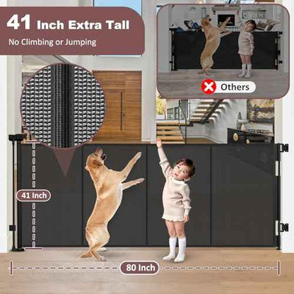 Reinforced 41 Inch Extra Tall Retractable Baby Gates 80" Wide Retractable Dog Gate with Support Rods ? Prevents Crawling Under, Indoor Long Baby Gate Retractable Gate Outdoor Extra Tall Dog Gate/Black