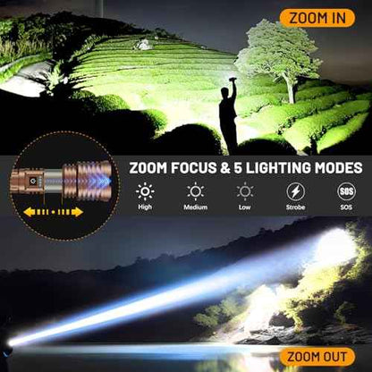 LED Flashlight High Lumens, 6000 Lumens Rechargeable Flashlight, Battery Powered Flashlight, Adjustable Powerful Flash Light with 5 Modes, Waterproof Handheld Flashlight for Home