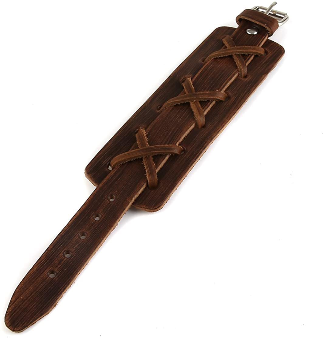 BaBakiak Punk Leather Cuff Bracelet, 2PCS Vintage Braided Leather Wristband for Men Women (Brown)