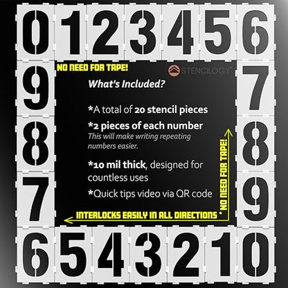 Stencilogy¢ç Interlocking Number Stencil Set ? 20 Reusable Pieces for Numbers 0?9 ? Durable 10 Mil Plastic ? for Wood, Walls, Signs, Crafts (4 Inches)
