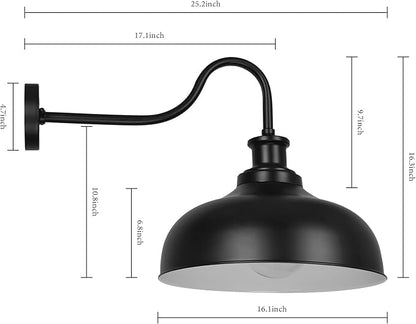 Outdoor Gooseneck Barn Light,16 Inch Dome Outdoor Wall Sconce Farmhouse Exterior Wall Mount Light Vintage Wall Lighting Fixture Industrial Black Wall Lantern for Porch, Entryway, Garage, 1 Pack