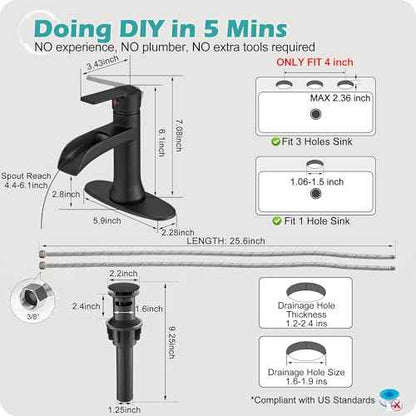 Matte Black Waterfall Bathroom Faucets, 1 Hole or 3 Hole (4 Inch) Bathroom Sink Faucet with Drain, Deck Plate, 1 Handle for Vanity, Restroom, RV, Modern, Brass Material
