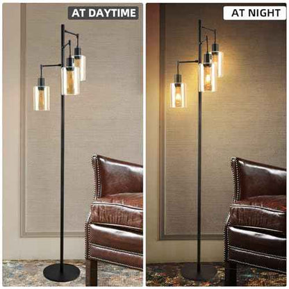 Farmhouse Floor Lamp for Living Room Bedroom, 3-Lights Floor Lamp with On/Off Foot Switch, Tall Pole Tree Standing Lamp Oil Rubbed Bronze with Amber Glass Shade, LED 3 Bulbs Included
