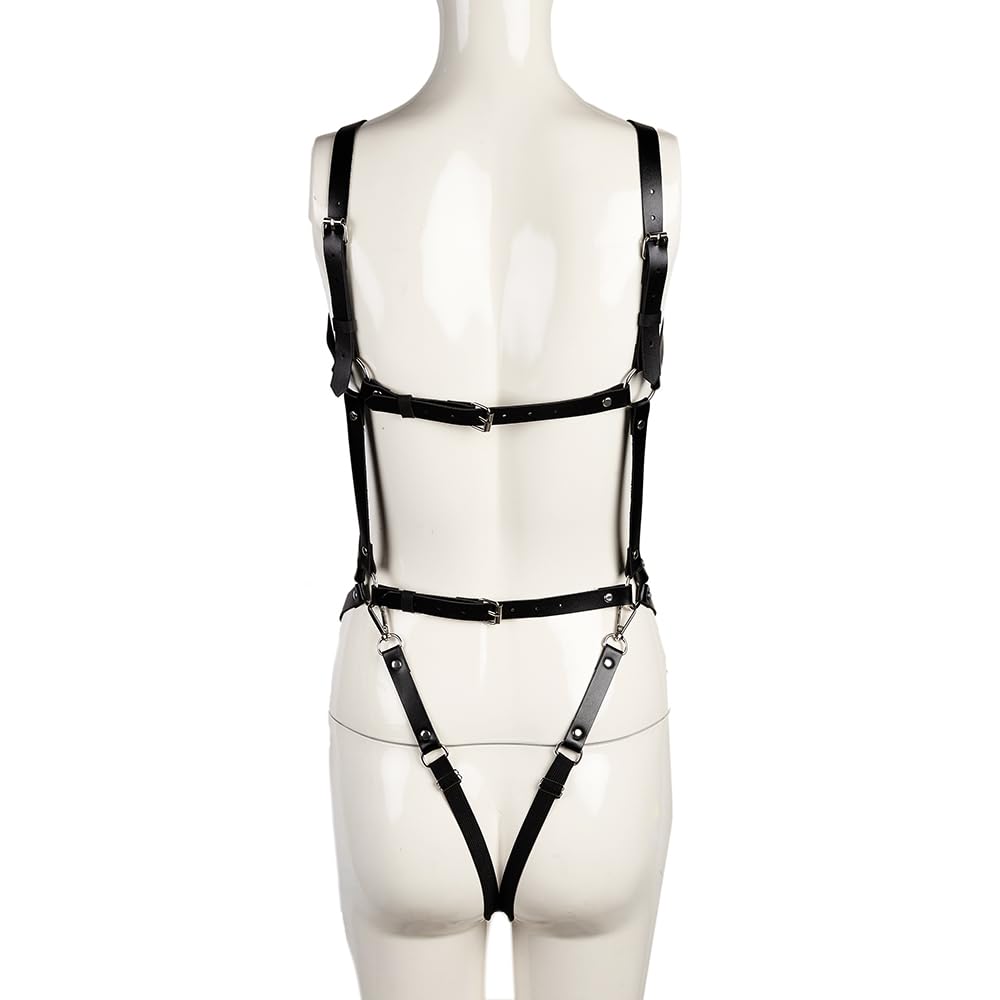 Women Punk Gothic Full-Body Harness – Adjustable Faux Leather Strappy Chest, Waist & Leg Belt with Metal Rings Sexy Festival, Rave, Clubwear, Cosplay Halloween, Mardi Gras Carnival Valentine's Gift