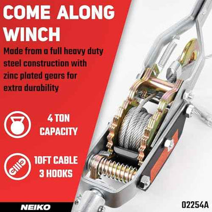 NEIKO 02254A Come Along Winch, 4-Ton (8,000lbs) Pulling Capacity, 9.8Ft, 3 Hook, Heavy Duty Power Cable Come Along Tool with Dual Gears, Hand Winch Cable, Automotive Hoist Winch Puller, Recovery Gear