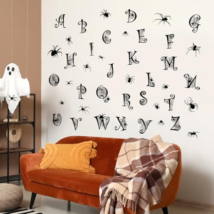 Black Alphabet Spider Web Wall Sticker Halloween Spider Wall Decals Peel and Stick Alphabet Letters for Wall Halloween Decoration for School Home Office Party Supplies Decor