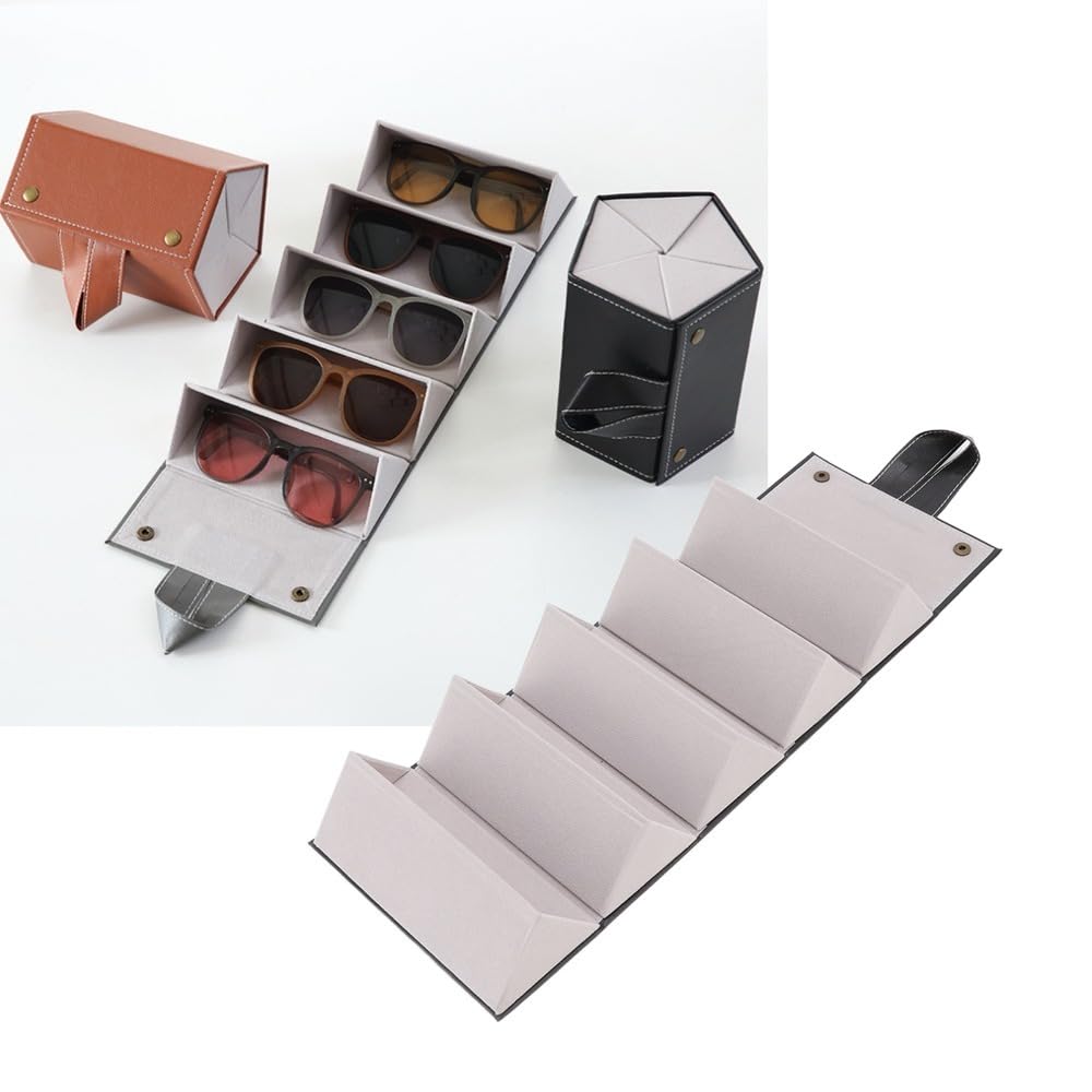 MOPFOL Sunglasses Organizer Case 8 Slots PU Leather Foldable Hanging Design Travel Eyewear Holder with Multiple Compartments for Glasses Storage(Black)