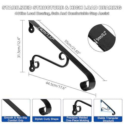 21.7" Outdoor Stair Handrails,1-2 Steps Stairs Rails-Wall Mounted Wrought Iron Hand Railing-Staircase Grab Rail-Heavy Duty Metal Art Handrail for Outdoor Steps-Porch Garage-Anti-Corrosion Carbon Steel