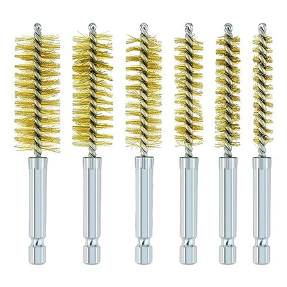 6 Pcs Brass Bore Brush Set with 1/4" Hex Shank Twisted Wire Bristles, Different Sizes (8, 10, 12, 15, 17, 19mm) for Bearing, Rust, Tube Cleaning