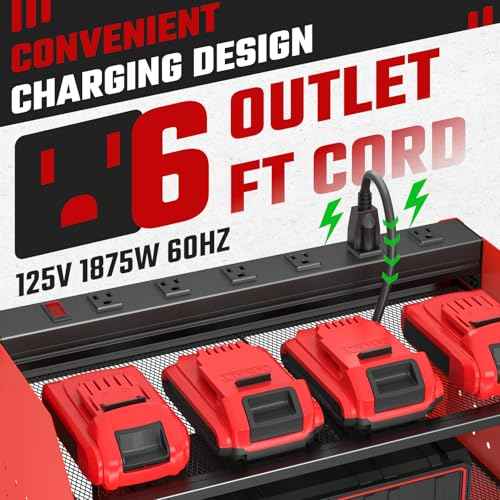 Power Tool Organizer with Charging Station, Heavy Duty 3 Layer Drill Holder Wall Mount Garage Shelf Rack with 6 Outlet Power Strip, Tool Shelf with Hooks, Drill Bit Rack for Garage, Red