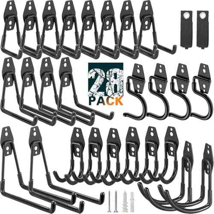 28 Pack Heavy Duty Garage Hooks, Utility Wall Mounted Storage System, with Anti-Slip Coating Hanger, for Hanging Power and Garden Tools, Ladders, Bikes, Ropes and Bulk Items