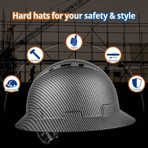 Full Brim Hard Hat - OSHA Safety Helmet Durable Lightweight Carbon Fiber Hard Hat, 6-Point Ratchet Suspension Protective Gear for Men and Women