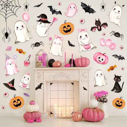 Whaline 9 Sheets Halloween Wall Stickers Pink Ghost Pumpkin Bats PVC Wall Decals Cute Self-Adhesive Decoration for Halloween Party Home Classroom Office