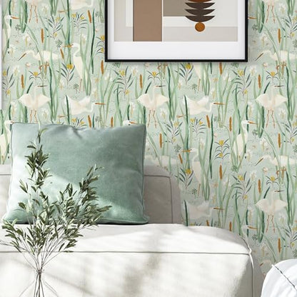 Ismoon Green Peel and Stick Wallpaper Boho Nursery Wall Paper Crane Egret Light Green Contact Paper Vinyl Removable Wallpaper for Cabinets Shelf 16.1x78.7in