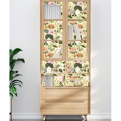 Danodoi Yellow Floral Peel and Stick Wallpaper Vintage Blue Contact Paper Pink Flower Wall Mural Home Vinyl Waterproof Self Adhesive Removable Renter Friendly Wall Paper 17.5" x 118"
