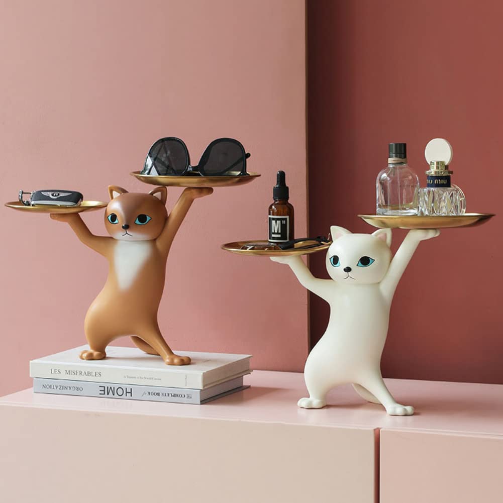Slowtee Resin Cat Decorative Tray Figurine, Enchanting Dancing Funny Statue for Home/Bedroom/Office Entrance Table Decor, Sculpture for Candy/Snacks/Key/Gadgets Storage (Brown)