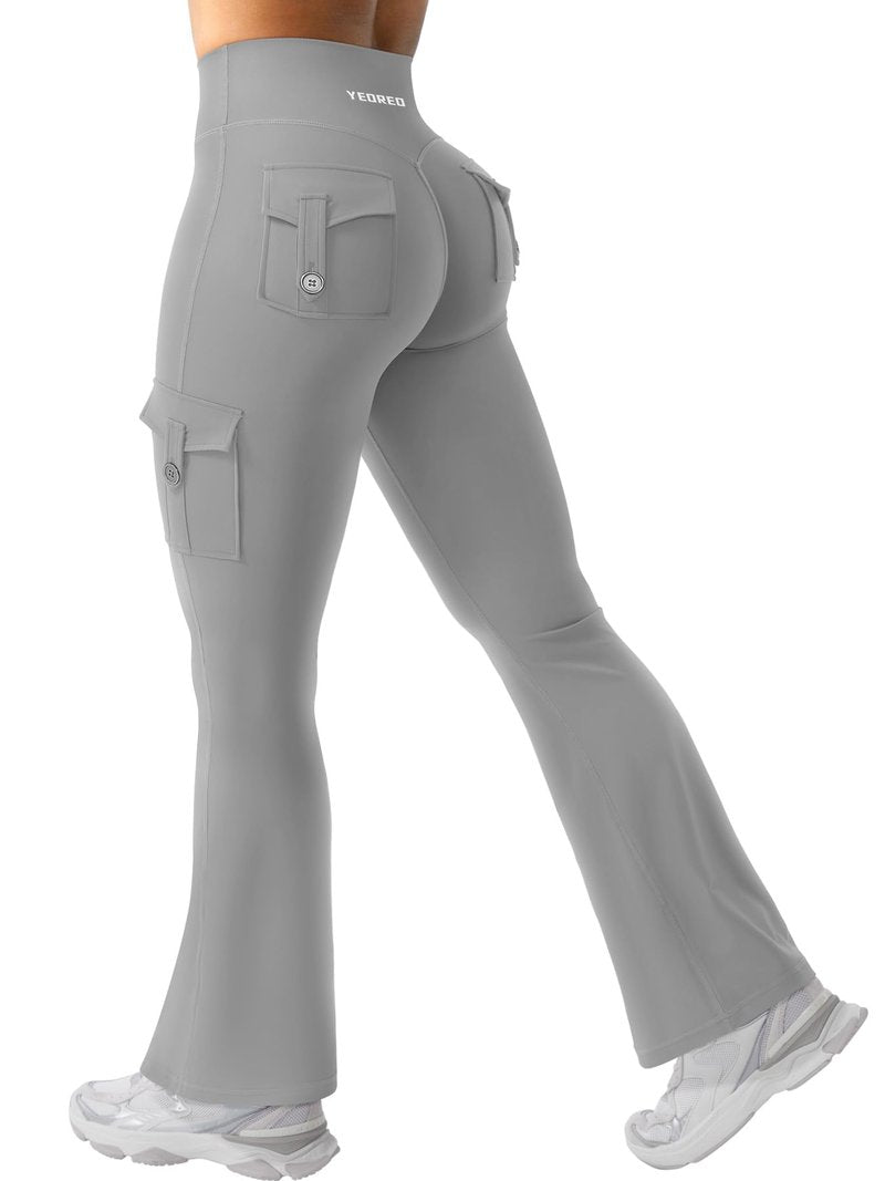 YEOREO CoreFlex Women Workout Flare Leggings with Pockets Scrunch Cargo Gym Yoga Leggings Light Gray XXL