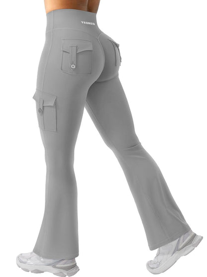YEOREO CoreFlex Women Workout Flare Leggings with Pockets Scrunch Cargo Gym Yoga Leggings Light Gray XS