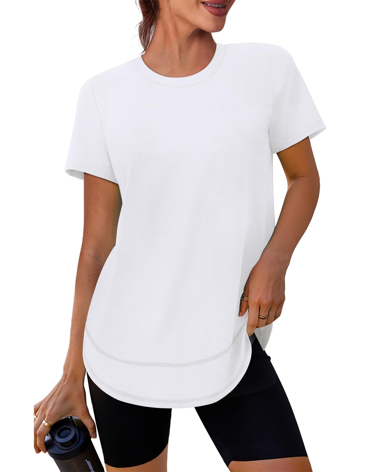 Short Sleeve Shirts for Women Workout Yoga Tops Sun Protection Clothing Summer Outfits Rash Guard Side Slit Blue XL