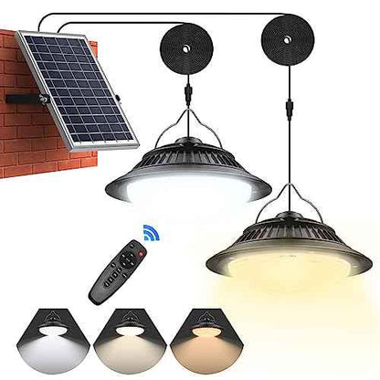 Solar Pendant Light Motion Sensor 2 Pack, 5 Modes 3200K/4000K/6000K Dimmable Shed Lights With ON/Off Switch & Remote, Daytime Available Hanging Chandelier Lights Indoor/Outdoor Home
