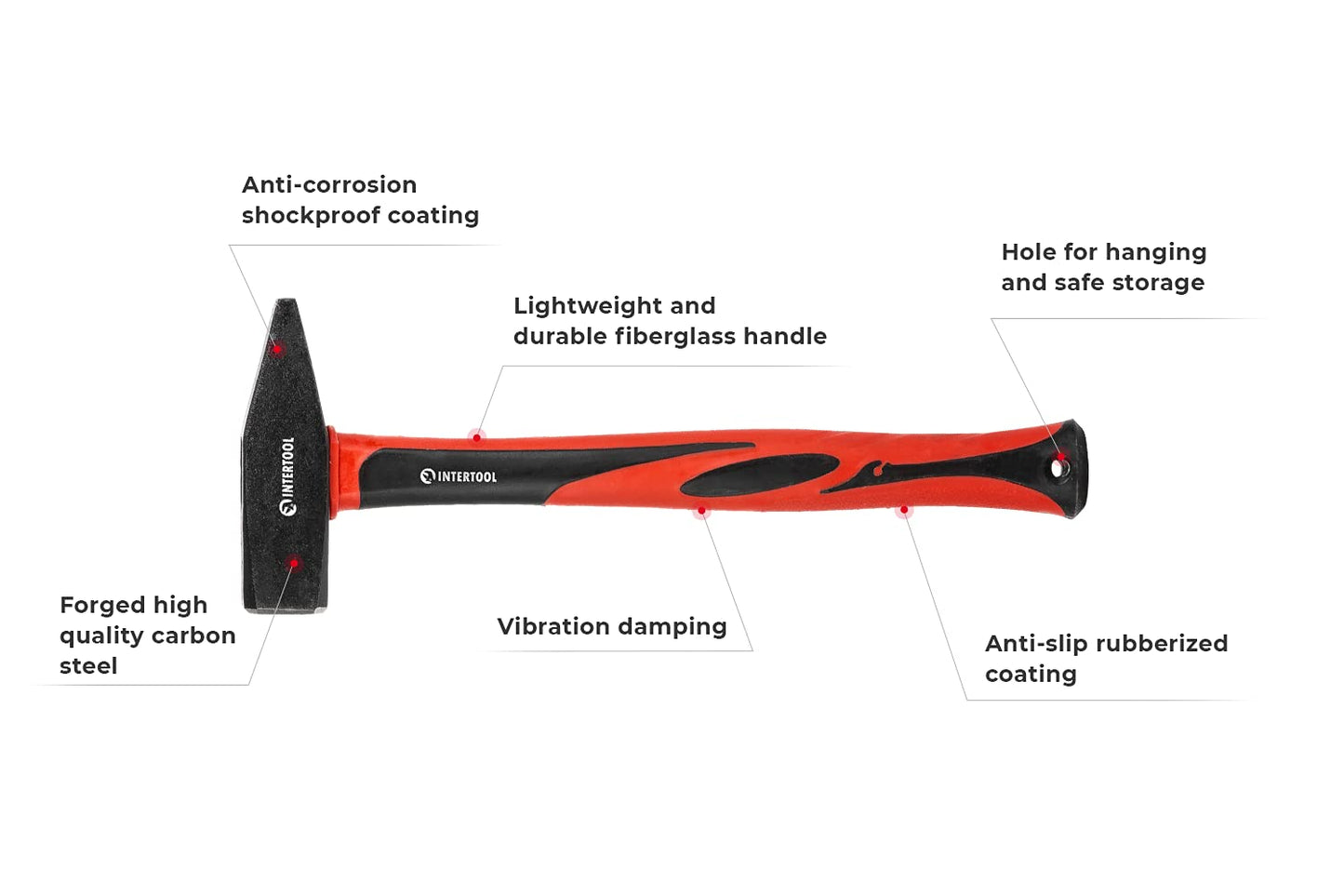INTERTOOL 2 lbs Cross Peen Hammer, 1000g Heavy Duty Engineer Hammer, Mechanic, Blacksmith, Sheet Metal, 14” Shock Absorbing Fiberglass Handle HT08-0210