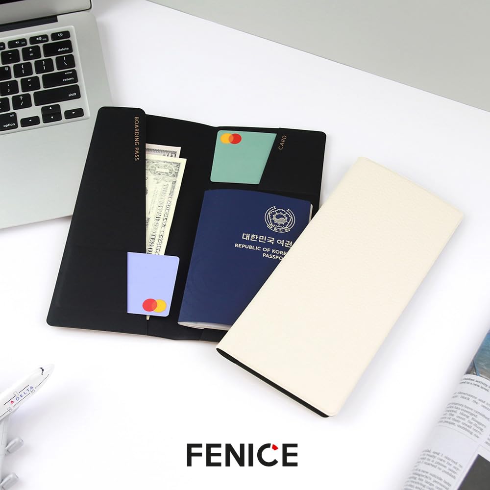 Fenice Long Classic Cover Holder Wallet Case for Travel Essential RFID Blocking Vegan Leather Waterproof (BLACK)