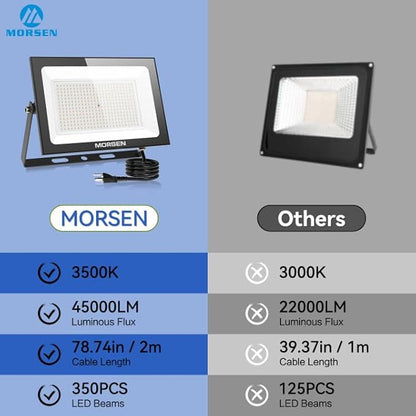 MORSEN 300W Warm White Led Flood Lights Outdoor, 3000K Super Bright 45000LM Security Lights with Plug,Exterior IP66 Waterproof FloodLight for Basketball Court, Yard, Garden, Playground 2 Pack