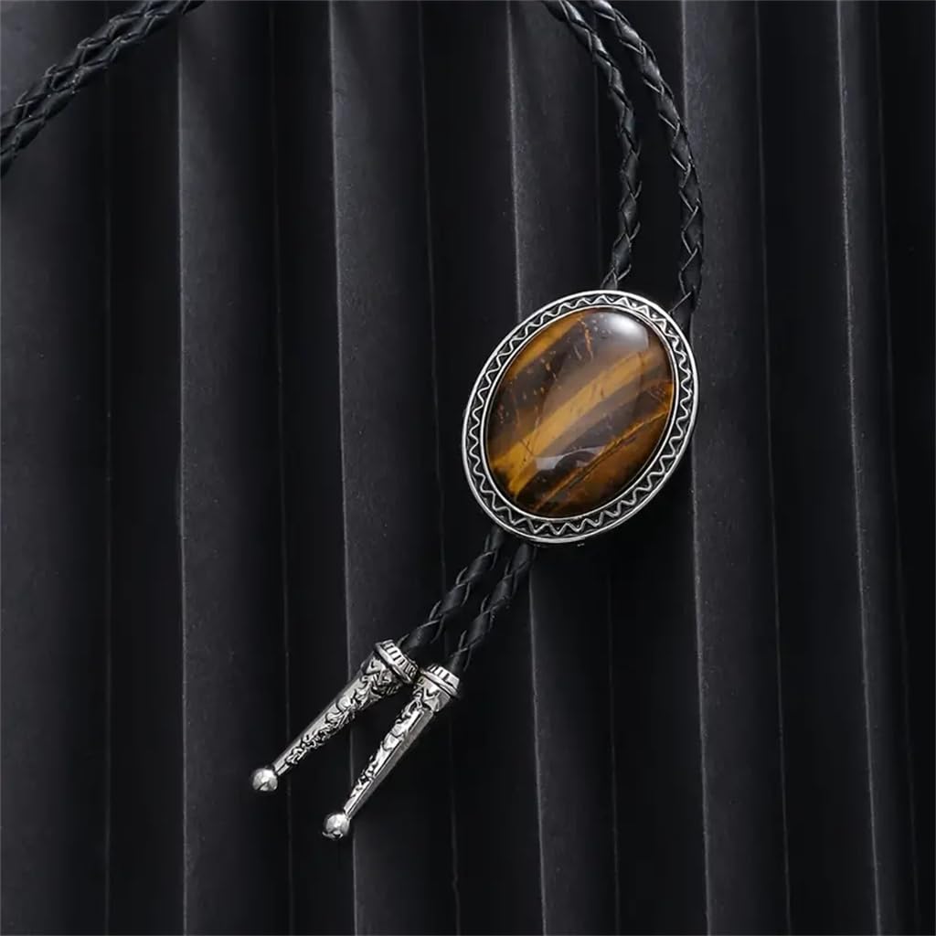 Jeilwiy Bolo Tie with Natural Tiger Eye Stone Western Bolo Ties for Men Native American Cowboy Necktie Bolo Necklace