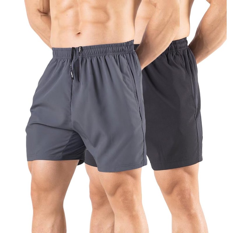 Gaglg Men's 5" Running Shorts 2 Pack Quick Dry Athletic Workout Gym Shorts with Zipper Pockets Black/Dark Grey,Large