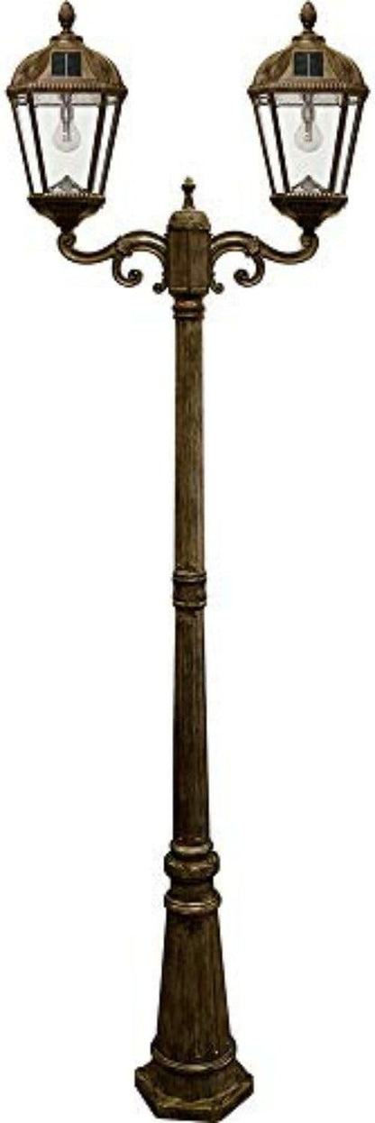 Gama Sonic Outdoor Solar Lamp Post Light Kit, Royal Bulb 300 Lumens, Double Head Weathered Bronze Cast Aluminum Post Lamp and Light Pole, Warm White Light 2700K, 98B302 (Upgraded Battery and Panel)