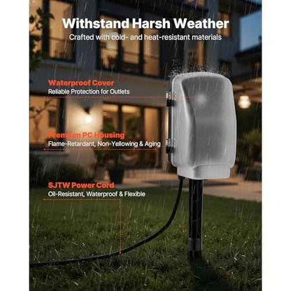 VEVOR Outdoor Power Stake Timer, 50FT Extension Cord, Remote Control Outdoor Power Strip with Cover, Dusk to Dawn Light Timer Waterproof, 6 Outlets for Halloween Christmas Lights, Garden Decorations