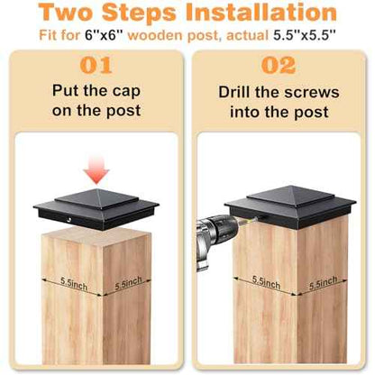 10-Pack Aluminum 6x6 Post Caps for Deck Railing(Actual 5.5" x 5.5"), Fence Post Caps with Screws, Black Pyramid Deck Posts Cap for Wooden Rail, Waterproof Metal Deck Cover for Mailbox