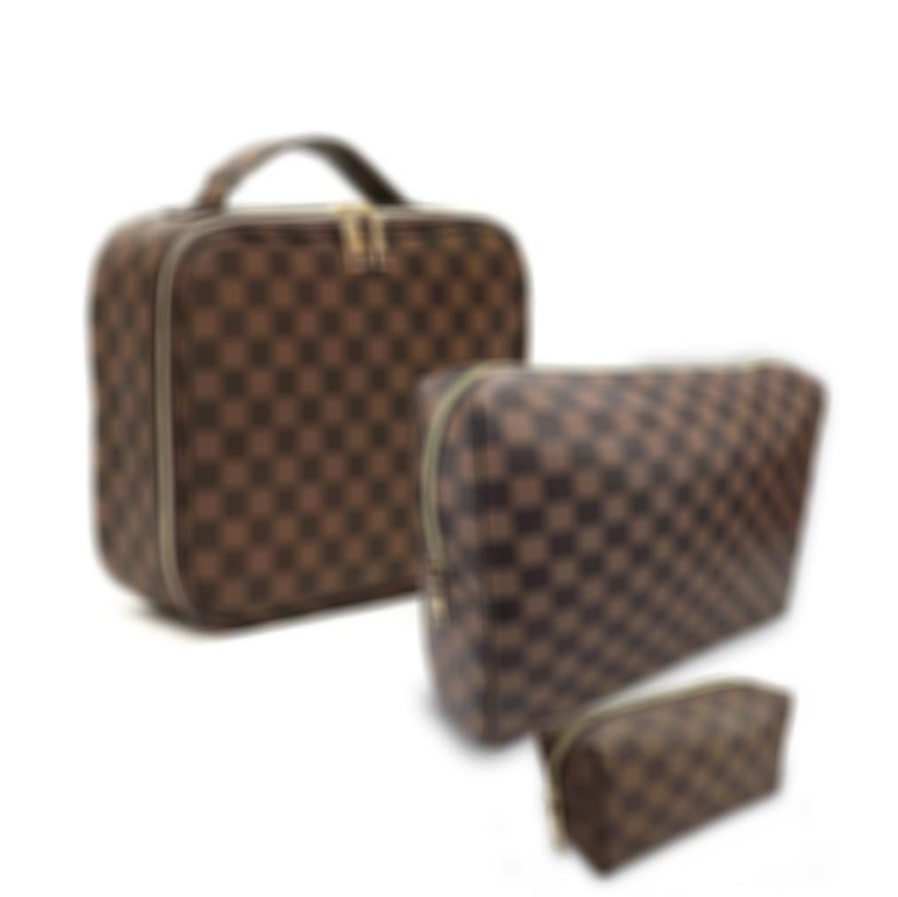Brown Checkered Makeup Bag Set, Portable with Adjustable Partition, Large Capacity Pouch for Travel Organizer, Makeup Brushes Bag, Waterproof, Toiletries, Designer for Gift( 3Pcs Brown Checkered)