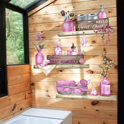 Pink Towel Shelf Wall Stickers, sacinora Cosmetic Brush Organizer DIY Wall Decals Removable Vinyl Peel and Stick for Girls Women Bathroom Restroom Toilet Art Home Decoration