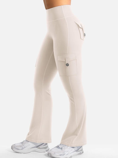 YEOREO CoreFlex Women Workout Flare Leggings with Pockets Scrunch Cargo Gym Yoga Leggings Light Khaki XXL