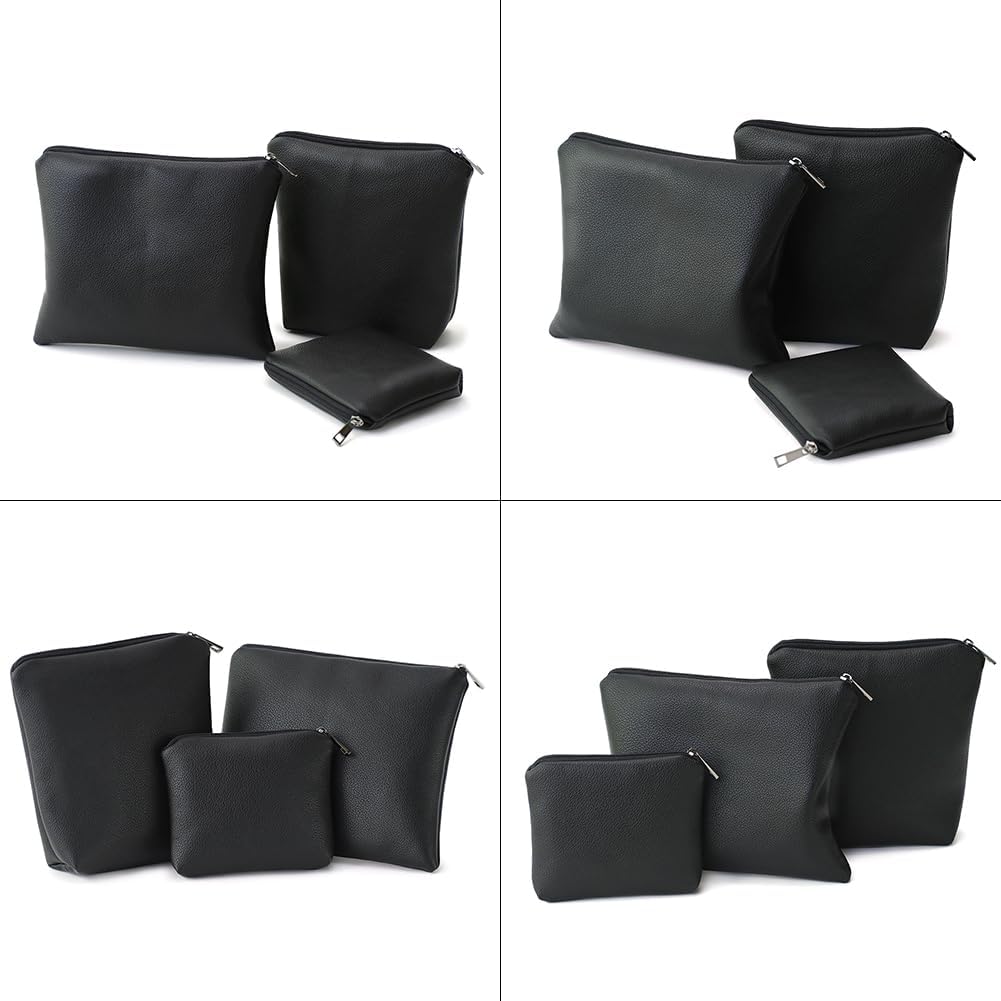 BBORGDC Small Cosmetic Bag Set of 3 for Purse, Black PVC Leather Cosmetic Pouches, 3 Sizes Zipper Organizer for Travel & Toiletries, Daily Bag Organizer, Gift for Women