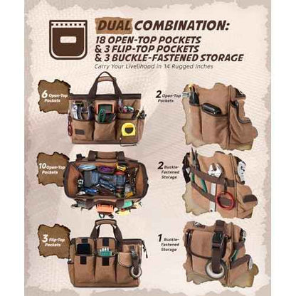 ARCFOX 14 Inch Portable Electrician Tool Bag 21 Pockets - Heavy Duty 16OZ Canvas Tool Bags Organizer with Wide Mouth & Adjustable Shoulder Strap for HVAC, Mechanics, Maintenance, UTV-Effortless Carry