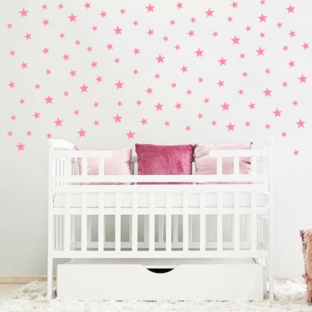 Wall Decals Baby Pink Stars for Kids Room, 3-4-5centimeter Mix 112 Pcs, Easy to Peel Easy to Stick, Safe On Walls and Paint, Vinyl Decor by Bugybagy. (Matte Baby Pink)
