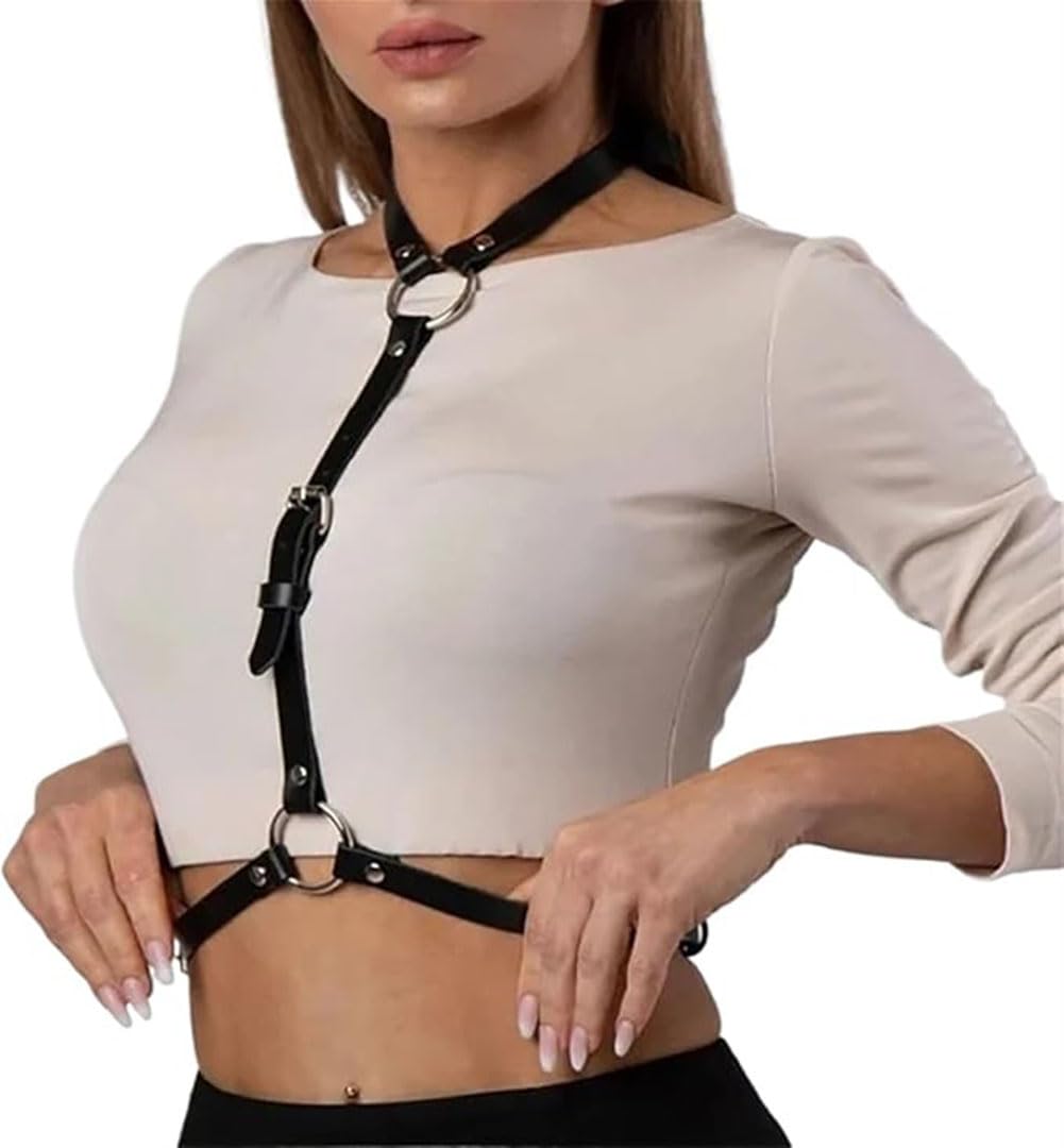 Black Leather Chest Harness Vest Gothic Body Waist Belt Chain Bra Punk Harajuku Straps Rave Dress Party Accessory for Women Girls